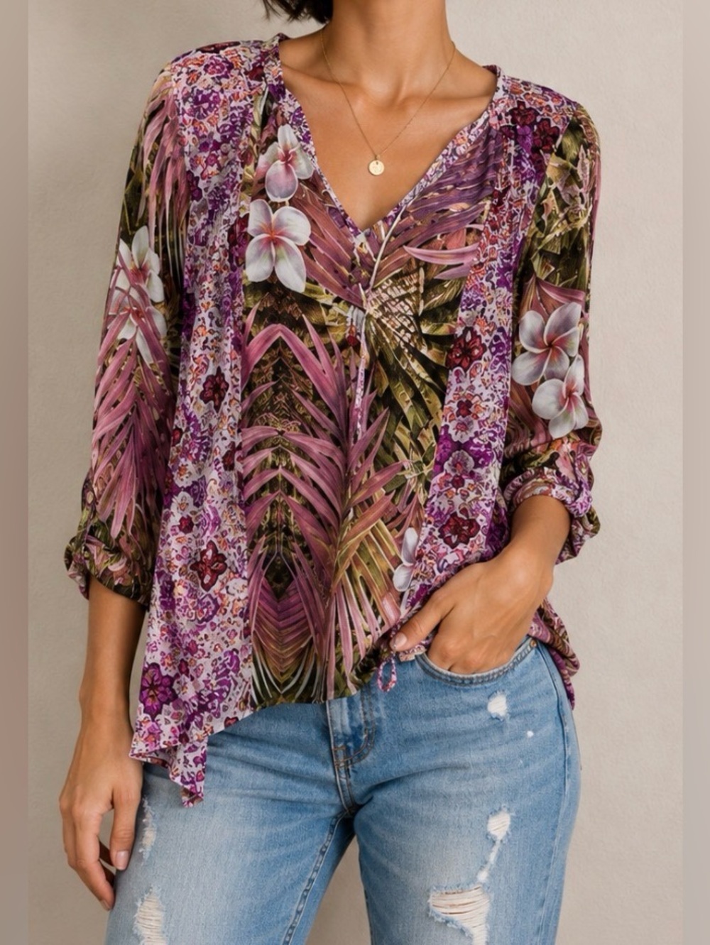 Fig and Flower Anthropologie Blouse Sheer Island Whimsy Floral Top Purple Hawaii